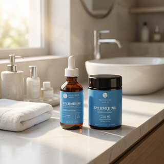 Icon of a container with a plant symbol, representing spermidine supplements for cellular health.