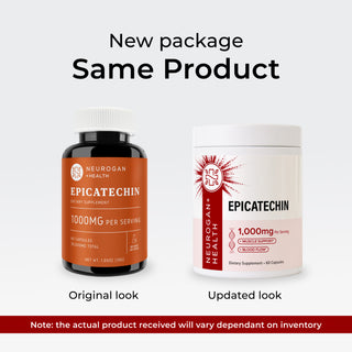 'New Package, Same Product' comparison graphic for Neurogan Health Epicatechin showing the original dark amber bottle with orange label next to the updated white bottle with red starburst label, noting the actual product received may vary depending on inventory.