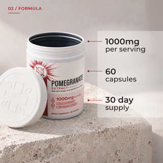 '02 / Formula' graphic showing an open white Neurogan Health Pomegranate Extract jar with a red starburst label (40% ellagic acid and 10% punicalagins) and embossed lid on a travertine stone block, with callouts for 1000mg per serving, 60 capsules, 30 day supply.