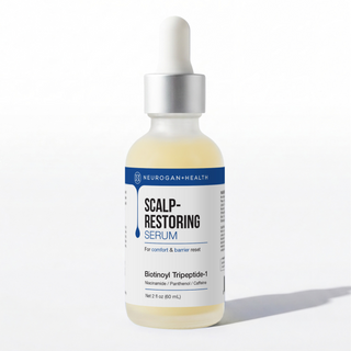 Biotinoyl Tripeptide-1 Hair & Scalp Serum by Neurogan Health, 2 fl oz (60 mL) frosted glass dropper bottle with a silver collar, white dropper bulb and pale yellow serum, on a white background