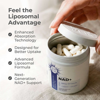 Liposomal NAD+ Capsules showcasing enhanced absorption technology and next-generation NAD+ support in packaging.