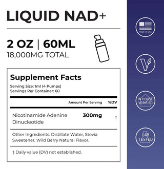 NAD+ Liquid Drops supplement facts showing 300mg per serving and wild berry flavor for energy and metabolism support.