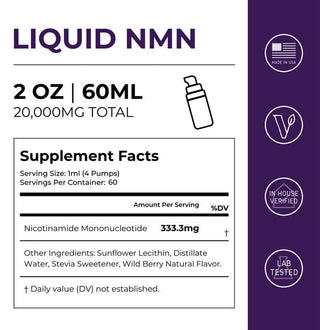 NMN Drops supplement facts label showing ingredients and dosage for healthy aging support.