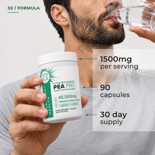 Man holding a white jar of Neurogan Health Ultra Micronized PEA Pro Palmitoylethanolamide 45,000mg and drinking a glass of water, with callout text listing 1500mg per serving, 90 capsules, and 30 day supply.