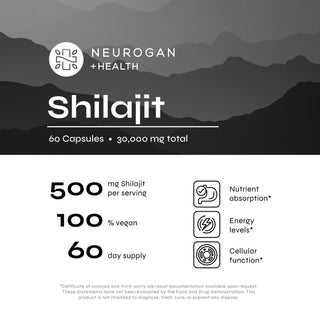 Shilajit capsules product facts, 500mg per serving, 60 day supply vegan capsules