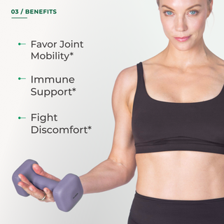 Benefits graphic for Neurogan Health PEA Pro listing three green-bulleted claims — Favor Joint Mobility, Immune Support, and Fight Discomfort — beside a woman in black athletic wear holding a dumbbell on a white background.
