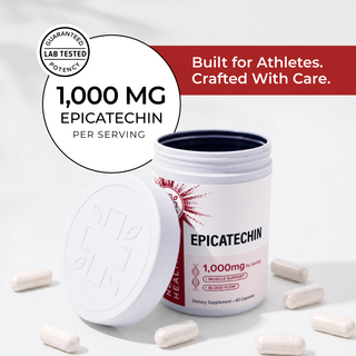 'Guaranteed Lab Tested Potency, 1,000 MG Epicatechin Per Serving' graphic reading 'Built for Athletes. Crafted With Care.' beside an open Neurogan Health Epicatechin jar with white capsules scattered around it.