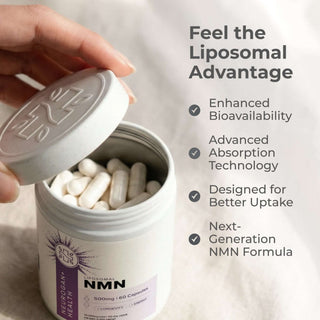 Liposomal NMN Capsules in a jar highlighting enhanced bioavailability and advanced absorption technology.
