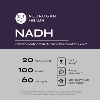 NADH dietary supplement, 20mg per tablet, 60-count bottle for energy, aging support, and performance enhancement*, 100% vegan.