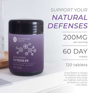 Luteolin supplement bottle for natural immune defense, 120 tablets, 60-day supply on desk.
