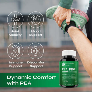 Man stretching legs in the background. PEA Pro benefits: joint mobility, mood support, immune support, discomfort relief*. 