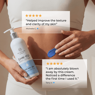 Person applying GHK-Cu Lotion with glowing reviews highlighting its effectiveness and benefits for skin texture.