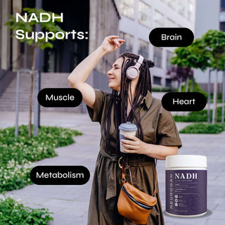 Woman enjoying energy support with NADH for brain, muscle, heart, and metabolism*, holding a coffee cup in a city setting.