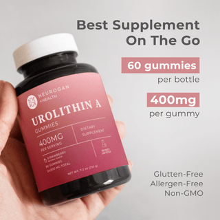 Urolithin A Gummies bottle showing 60 gummies, 400mg per gummy, strawberry flavor, gluten-free, allergen-free, non-GMO.