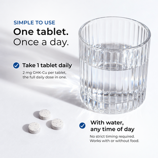 'Simple to Use: One tablet. Once a day.' graphic for Neurogan Health GHK-Cu Copper Peptide Tablets showing three speckled tablets beside a ribbed glass of water, with directions to take 1 tablet (2 mg GHK-Cu) daily with water, any time of day, with or without food.