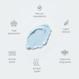 Visual of Advanced GHK-Cu Copper Peptide Face Cream 2400mg showing its light blue texture and benefits: natural ingredients.