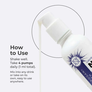 NAD+ Liquid Drops usage instructions showing how to take 4 pumps daily for optimal benefits.