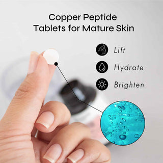 Close-up of a copper peptide tablet with benefits listed: lift, hydrate, and brighten skin, ideal for mature skin.