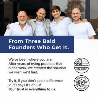 GHK-Cu Copper Peptide Hair & Scalp Serum founders promoting hair care with a satisfaction guarantee.