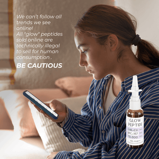 Glow Peptide product featuring GHK-Cu, BPC-157, and TB-500 for skin rejuvenation, with cautionary note on usage.