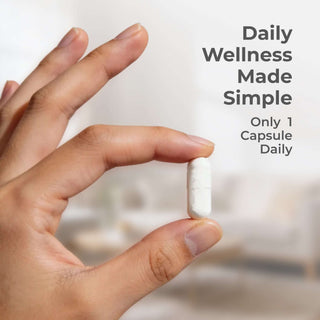 Hand holding Liposomal NMN Capsule with text promoting daily wellness made simple.