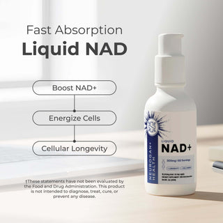 NAD+ Liquid Drops bottle promoting fast absorption, boosting NAD+, energizing cells, and supporting cellular longevity.
