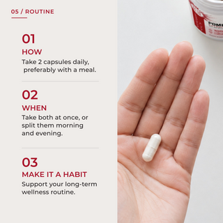 '05 / Routine' graphic for Neurogan Health Pomegranate Extract Capsules showing one white capsule in an open palm beside the jar, with directions: take 2 capsules daily, preferably with a meal, all at once or split morning and evening.