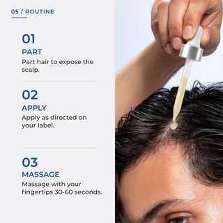 Three-step routine for Biotinoyl Tripeptide-1 Hair & Scalp Serum: part hair, apply, and massage with fingertips for 30 to 60 seconds, beside a close-up of a dropper applying serum along a hair part