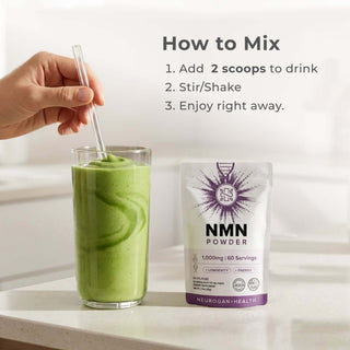 NMN Powder mixing instructions: Add 2 scoops to drink, stir/shake, and enjoy for healthy aging.
