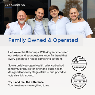 The Brandrup family behind Neurogan Health, four men in white shirts standing arm in arm, above a Family Owned & Operated heading with two quality badges