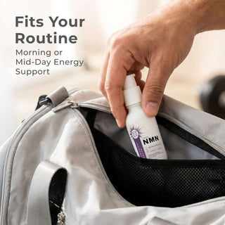 Person taking NMN Drops from gym bag for morning or mid-day energy support.