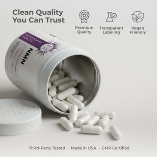 Liposomal NMN Capsules in a container, highlighting premium quality and transparency for health-conscious consumers.