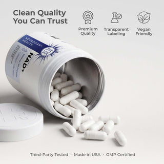 Liposomal NAD+ Capsules in a premium container, showcasing transparent labeling and vegan-friendly quality.