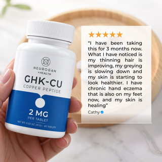 Hand holding a Neurogan Health GHK-Cu Copper Peptide 2mg, 60-tablet bottle in front of a wooden tray, next to a five-star written review from verified customer Cathy describing three months of use.