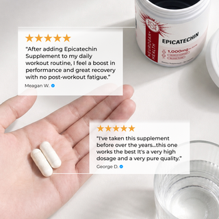 Two five-star customer reviews for Neurogan Health Epicatechin — Meagan W. describing a performance boost and recovery with no post-workout fatigue, and George D. calling it high-dosage and very pure quality — beside an open jar and a hand holding two capsules.