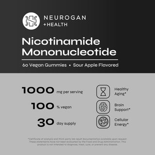 NMN Gummies information card, 60 vegan gummies, sour apple flavor, highlighting benefits for healthy aging, brain support, and cellular energy*.