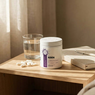 Liposomal NMN Capsules on a bedside table with a glass of water and notepad, promoting cellular energy and healthy aging.