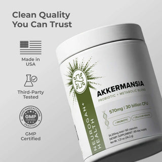 Akkermansia Probiotic supplement container featuring 570mg capsules with 30 billion CFU for gut health support.