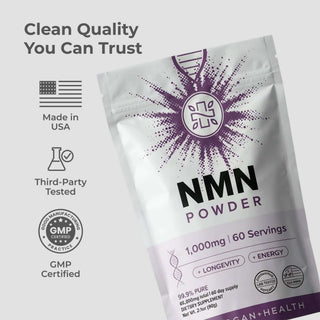 NMN Powder packaging highlighting 99.9% purity, USA made, and third-party tested for quality assurance.