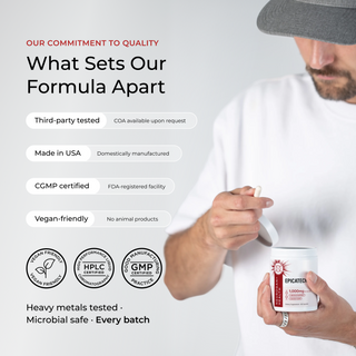 'What Sets Our Formula Apart' quality graphic for Neurogan Health Epicatechin listing Third-party tested, Made in USA, CGMP certified, and Vegan-friendly with HPLC and GMP certification seals, beside a man in a cap opening a capsule over the jar.