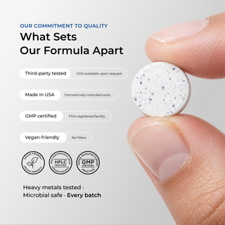 'Our Commitment to Quality: What Sets Our Formula Apart' graphic for Neurogan Health GHK-Cu Tablets with fingers holding one blue-speckled tablet, listing third-party tested (COA on request), made in USA, GMP certified FDA-registered facility, vegan-friendly, and heavy metals and microbial testing on every batch, with Vegan Friendly, HPLC and GMP badges.