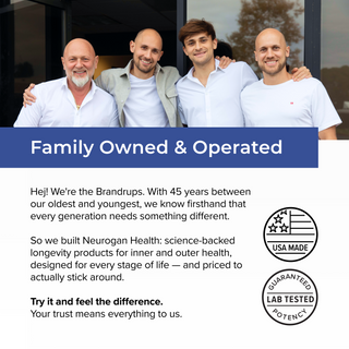 Family Owned & Operated banner showing four smiling men with arms around each other's shoulders outside a building, above text introducing 'the Brandrups' and describing Neurogan Health's science-backed longevity products, with USA Made and Guaranteed Lab Tested Potency badges.