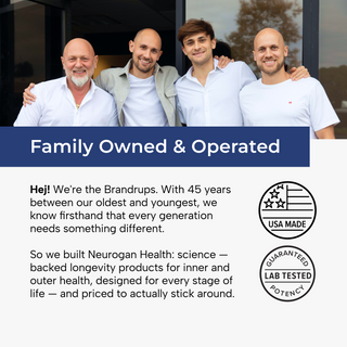 'Family Owned & Operated' banner showing the four Brandrup family members smiling with arms around each other outside a building, above a note introducing Neurogan Health's longevity products for every stage of life, with USA Made and Guaranteed Lab Tested Potency badges.
