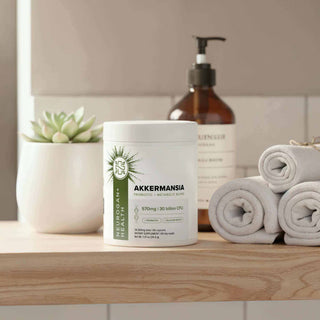 Akkermansia Probiotic supplement container with 30 billion CFU on a wooden shelf, highlighting gut health.