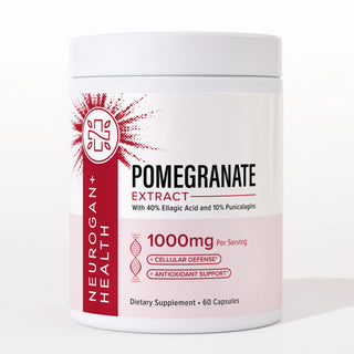 Front of Neurogan Health Pomegranate Extract supplement: 1000mg per serving, 40% ellagic acid and 10% punicalagins, 60 vegan capsules