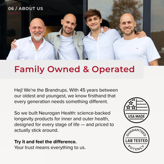 The Brandrup family, founders of Neurogan Health, with USA Made and Lab Tested badges