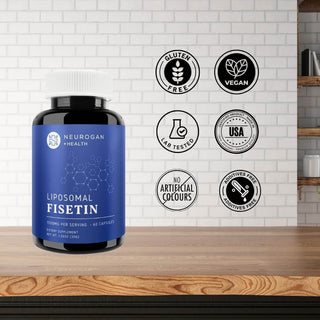 Liposomal Fisetin bottle with icons showing gluten-free, vegan, lab-tested, USA-made, no artificial colors or additives.