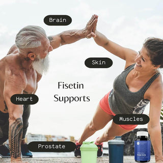 Man and woman exercising with text highlighting Fisetin support for brain, heart, skin, muscles, and prostate health*.