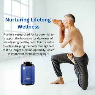 Elderly man doing yoga with text on Fisetin’s benefits for cellular health and healthy aging*.
