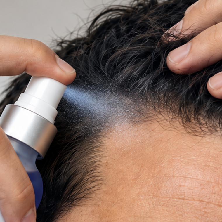 Spraying AHK-Cu Copper Peptide Hair Serum onto the hairline